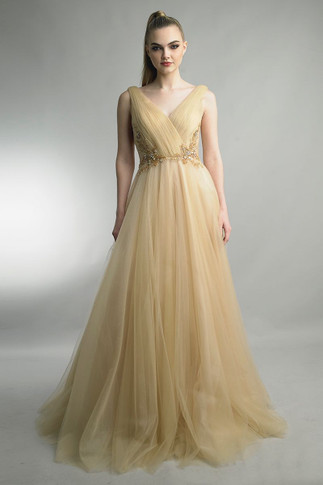 Pleated Sleeveless Gown with Embellishment