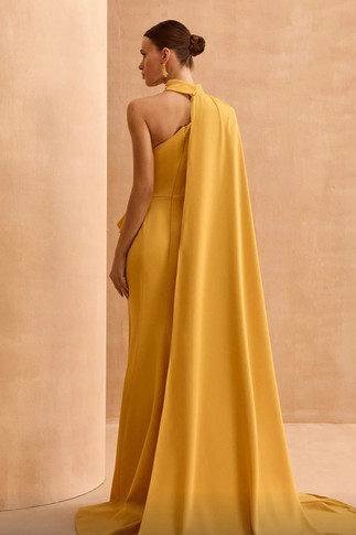 One Shoulder Cape Gown with Slit