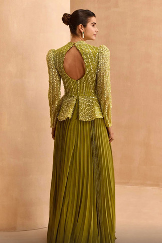 Long Sleeve Peplum Pleated Gown