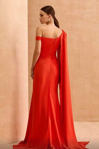 One Shoulder Cape Sleeve Slit Gown
