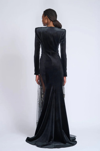 Embroidered Tulle Tailcoat Gown