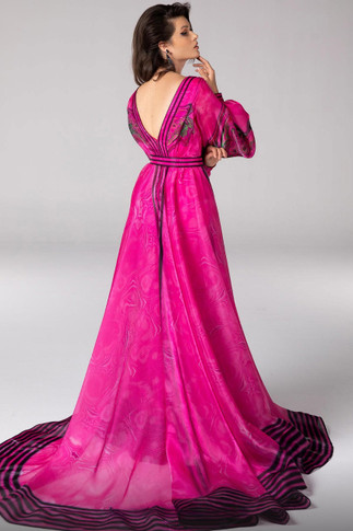 Long-Sleeve Print A-Line Gown
