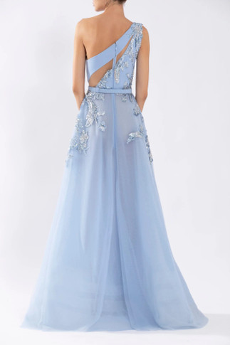 Tulle Beaded One Shoulder Gown with Floral Beading