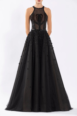 Tulle Beaded Sleeveless A-Line Gown with Halter Neckline