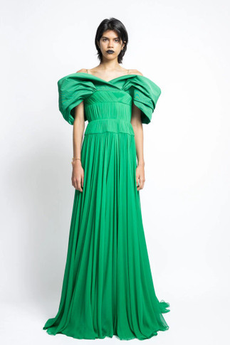 Silk Pleated Chiffon Gown with Petal Faille Drape