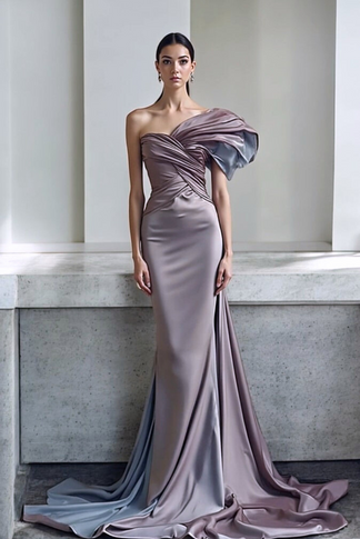 Ruffled Asymmetrical Sleeved Gown