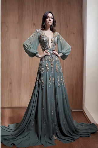 Long Sleeve Plunging Gown