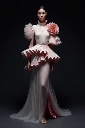 Pleated Peplum Rosette Gown