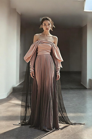 Draped Shoulder Long Sleeve Gown
