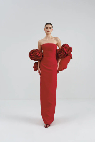 Strapless Column Dress with Flower Cape