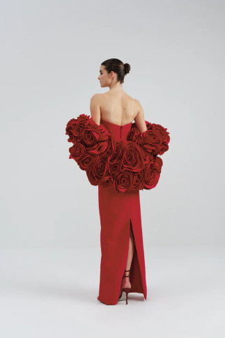 Strapless Column Dress with Flower Cape