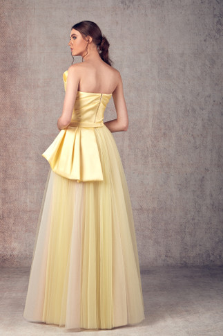 Strapless Pleated Mikado & Tulle Evening Gown