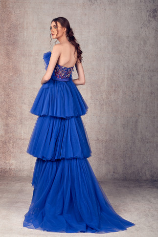 Strapless Mikado & Tulle Embroidered Evening Gown