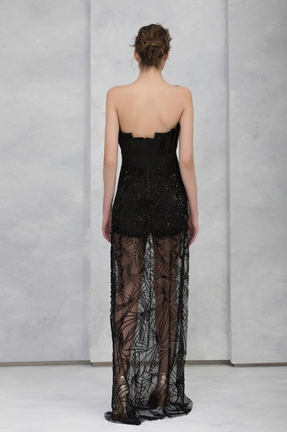 Strapless Pleated Crepe Crystal Beaded Gown