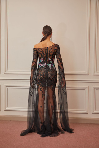 Sheer Illusion Cape Sleeve Gown