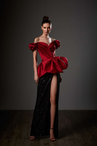 Off Shoulder Peplum Slit  Gown