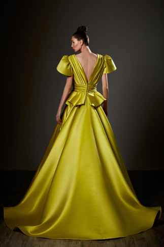 Bell Sleeve Peplum Slit Gown