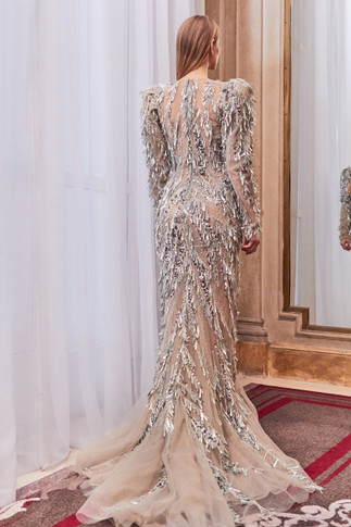 Long Sleeve Fringe Embellished Gown