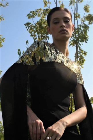 Beaded Cape Sleeve Crepe  Gown