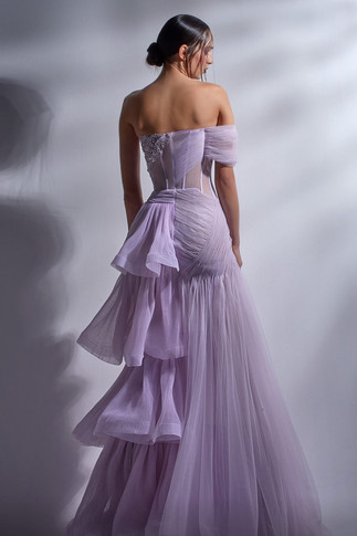 Draped One Shoulder Tiered  Gown