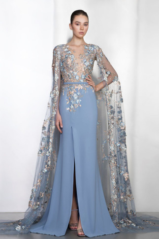 Long Cape Sleeve Slit  Gown