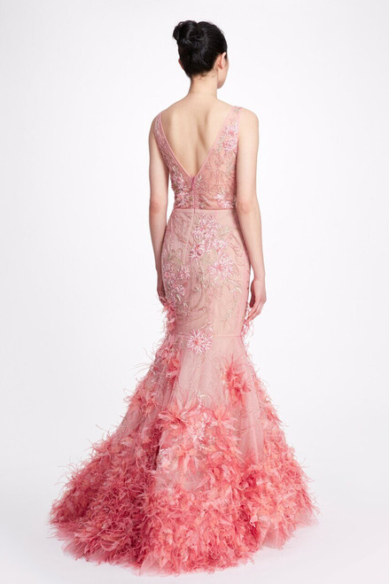 Shop Marchesa Feather Embroidered Trumpet Gown With Cape