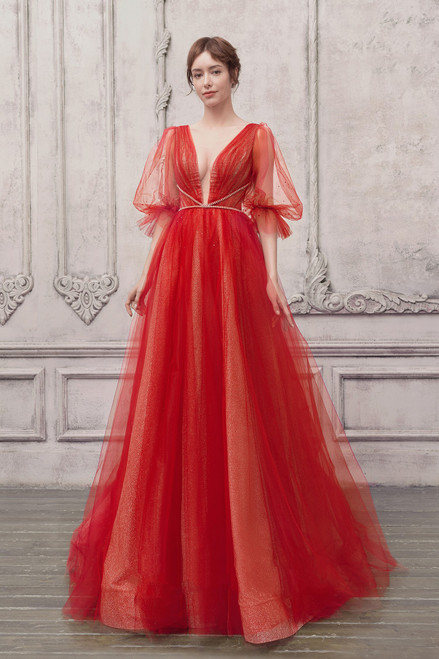 Shop The Atelier Couture Puff Sleeve Plunging Neck Gown