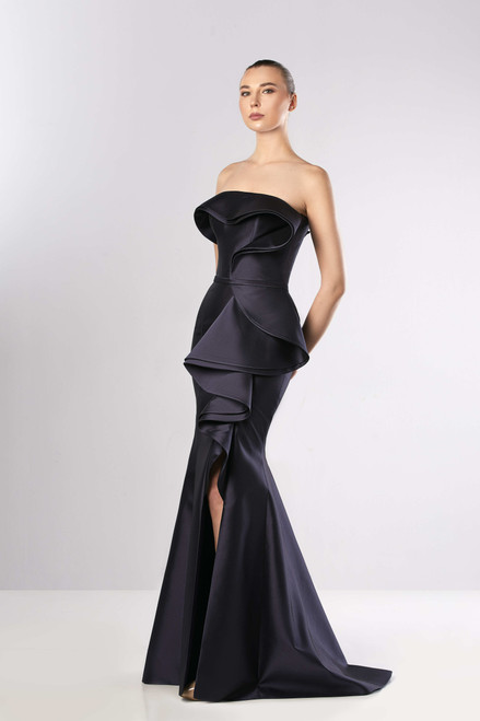 Edward Arsouni Strapless Draped Faille Slit Gown