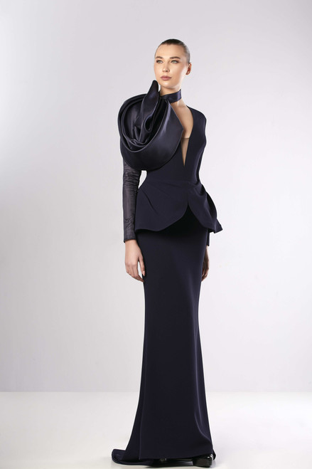 Edward Arsouni Long Sleeve Peplum Crepe Gown