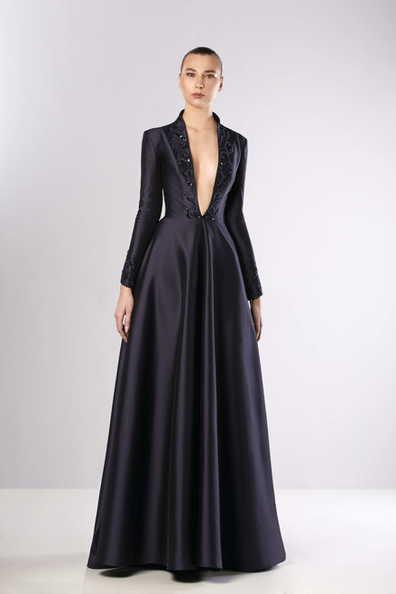 Edward Arsouni Long Sleeve Beaded Faille A-line Gown