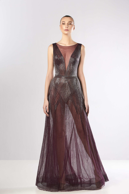 Edward Arsouni Beaded Tulle Sleeveless Gown