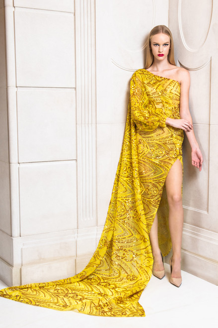 Shop Rvng Couture Sequin Embroidered Slit Gown In Yellow