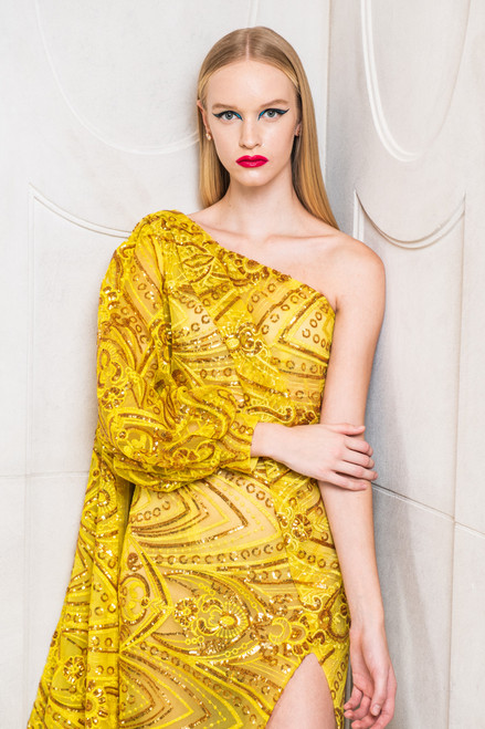 Shop Rvng Couture Sequin Embroidered Slit Gown In Yellow