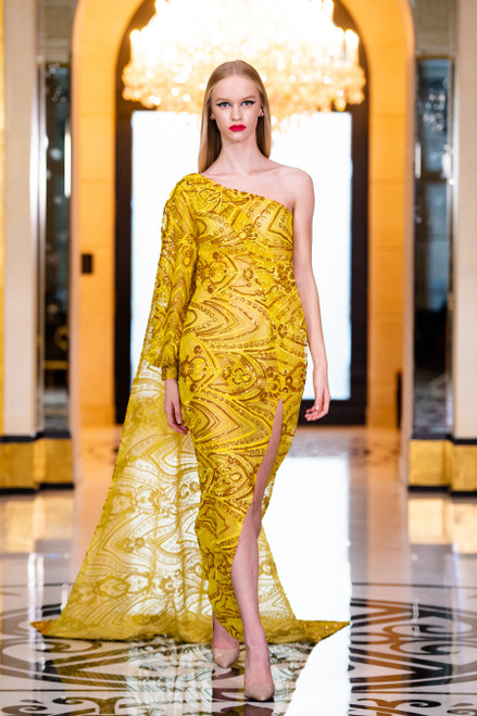 Rvng Couture Sequin Embroidered Slit Gown In Yellow