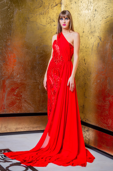 Shop Rvng Couture Embroidered One Shoulder Draped Gown