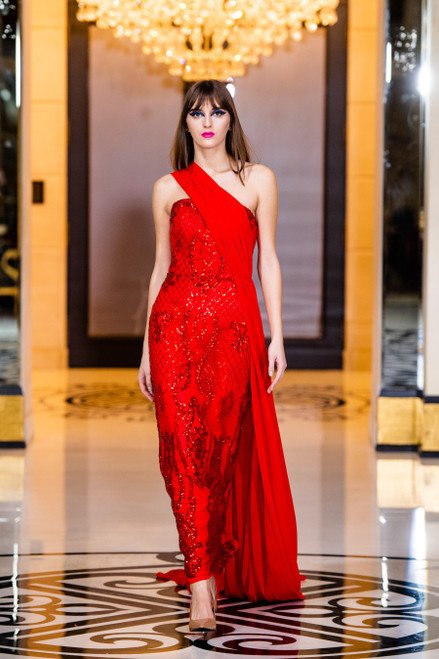 Shop Rvng Couture Embroidered One Shoulder Draped Gown