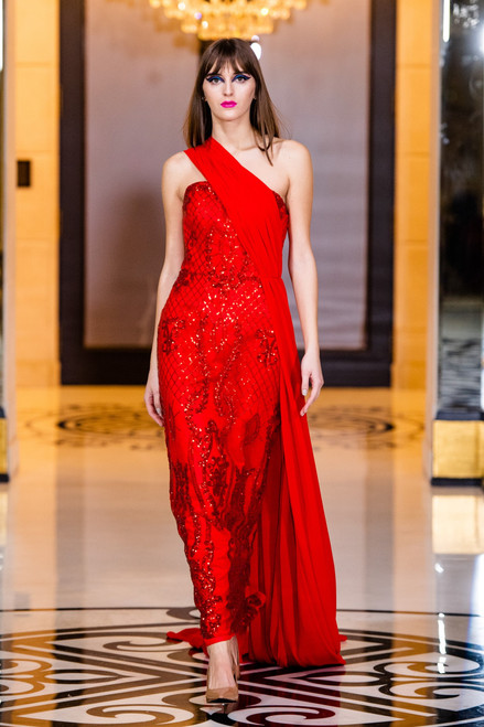 Rvng Couture Embroidered One Shoulder Draped Gown