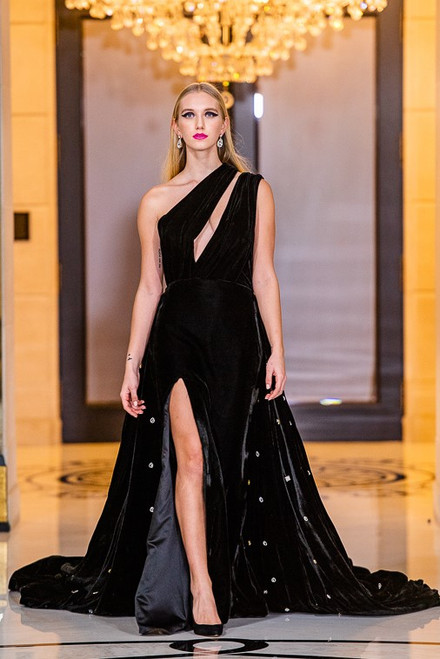 Shop Rvng Couture Crystal Embellished Velvet Gown