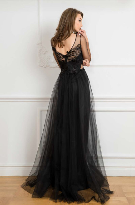 Shop Cristallini Sheer Long Sleeve Beaded A-line Evening Gown