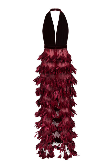 Shop Jean Louis Sabaji Deep -v Halter Feather Gown