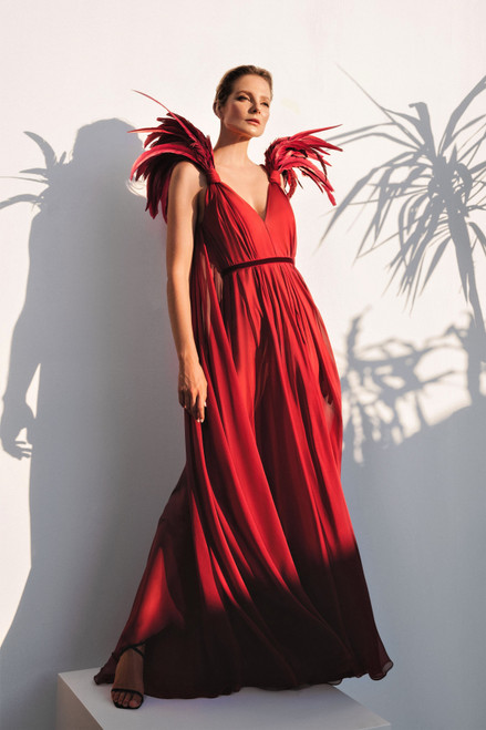 Shop Jean Louis Sabaji Silk Chiffon Plunge Neck Gown