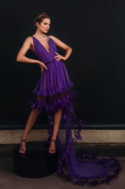 Jean Louis Sabaji V-neck Feather Detail Dress In Purple