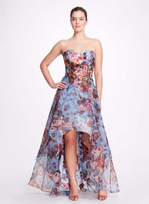 MARCHESA NOTTE STRAPLESS PRINTED ORGANZA HI-LO GOWN,MN21FG2738-14