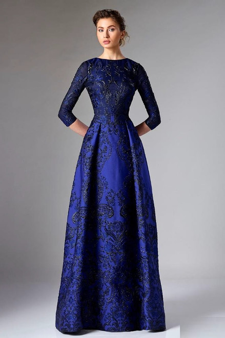 Divina By Edward Arsouni Blue Jacquard 3/4 Sleeve Evening Gown