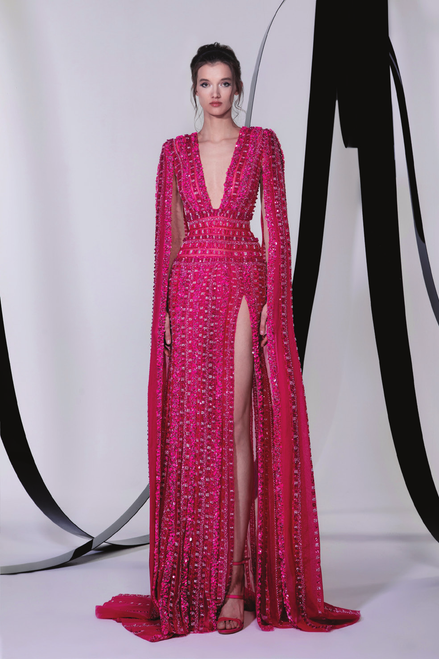 Shop Tony Ward Embroidered Cape Sleeve Slit Gown