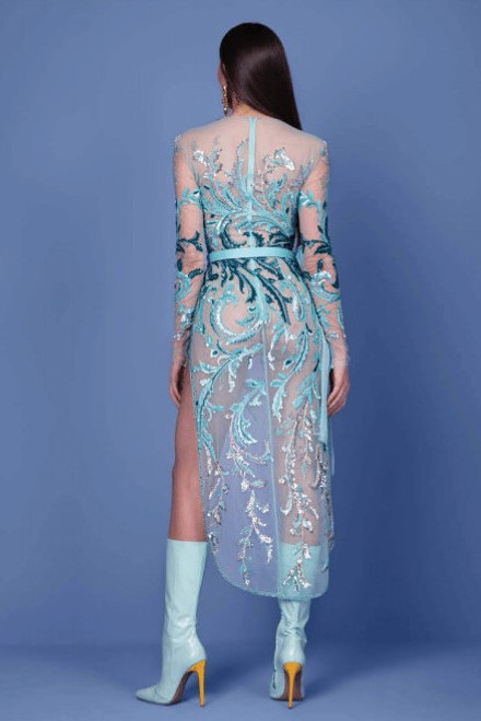 Shop Georges Hobeika Long Sleeve Asymmetrical Beaded Tulle Dress
