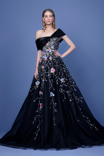Shop Georges Hobeika Off Shoulder Beaded Tulle Gown