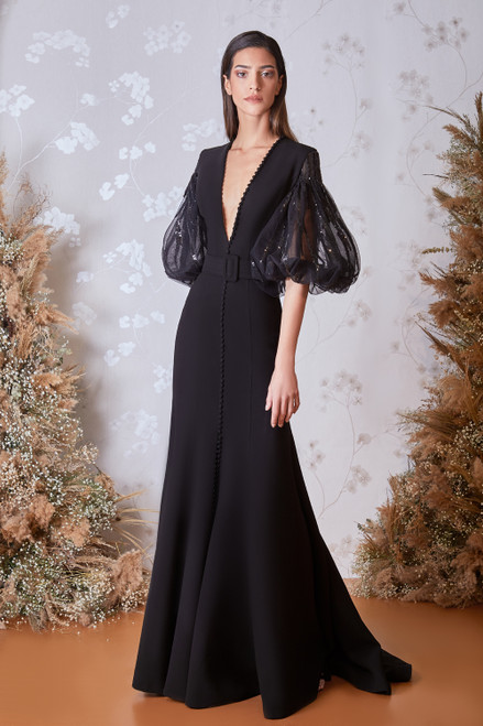 Gatti Nolli By Marwan Plunging Neck Puff Sleeve Gown