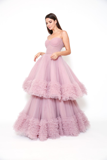 Shop Zeena Zaki Sleeveless Tiered Tulle Gown