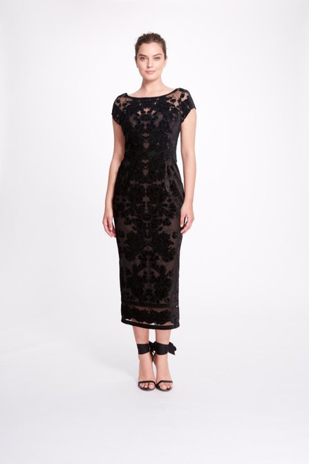 Shop Marchesa Notte Cap Sleeve Velvet Cutwork Tea-length Dress